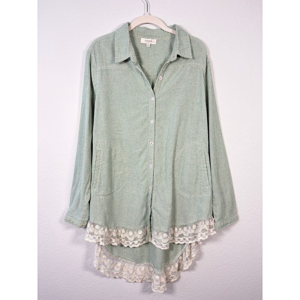 Umgee Cotton Blend Lace Trim Roll Tab Sleeve Green Stripe Button Down Tunic Top